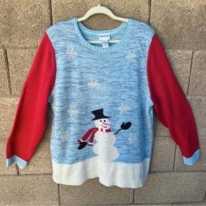 Bon Worth Blue Red Snowman Snow Ugly Cute Christmas Sweater
